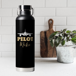 Botella De Agua Tipografía PILOTO Moderna Simple, Negro Oro, Perso