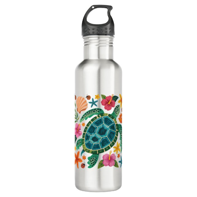 Botella De Agua Tortuga marina floral de Boho (Anverso)