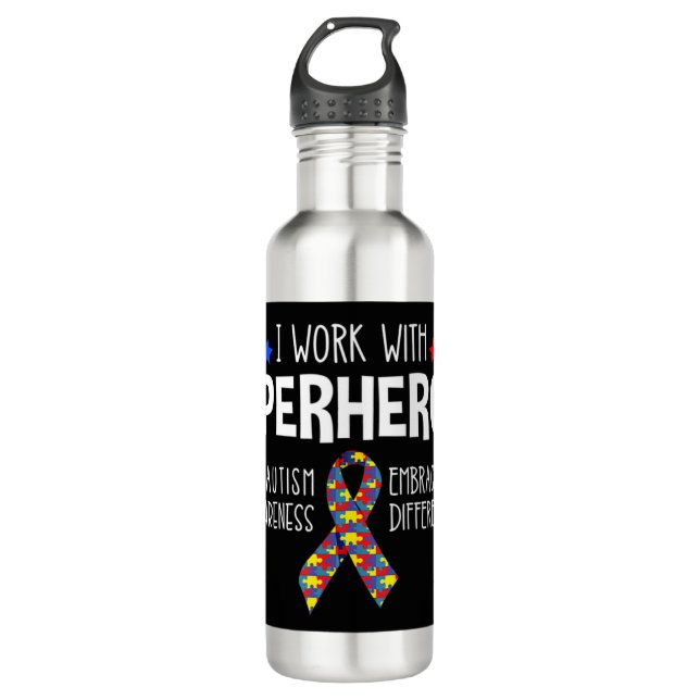 Botella De Agua Trabajo Con Superhéroes - Conciencia del autismo - (Anverso)