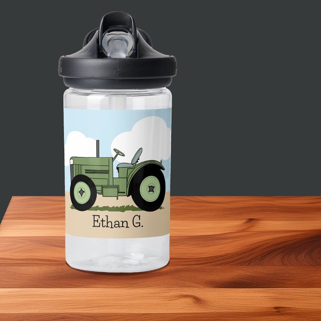 Botella De Agua Tractor de granjas verdes niños pequeños personali (Green Farm Tractor Cute Kids Personalized Water Bottle)