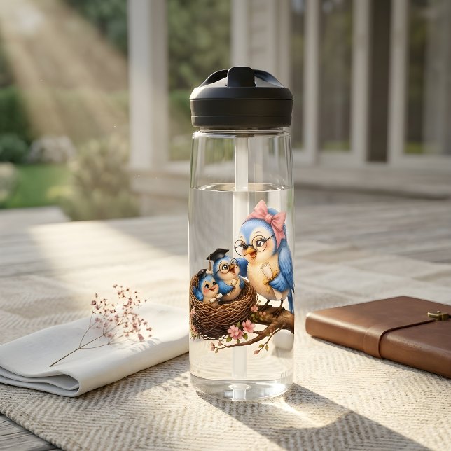 Botella de agua transparente con pájaro de graduac (Subido por el creador)