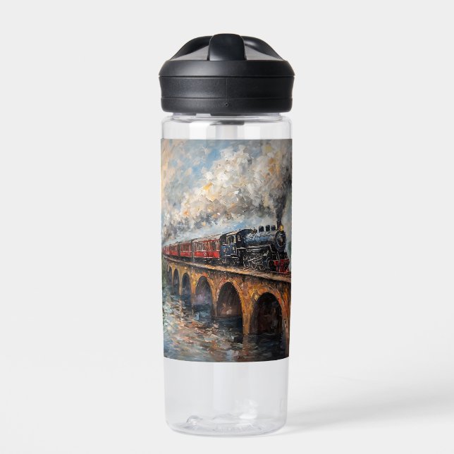 Botella De Agua Tren de vapor en un puente - pintura al petróleo (Delante)