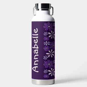 Botella De Agua Trendy Name Purple Flower Doodle Pattern