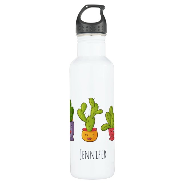 Botella De Agua Tres cactus en Ilustracion divertido de macetas de (Anverso)