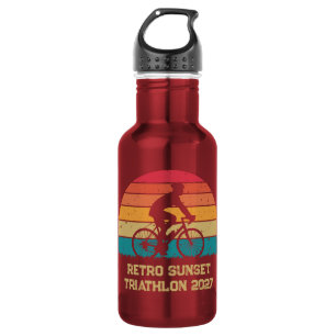 Botella De Agua Triatlón personalizado de ciclismo retro atardecer