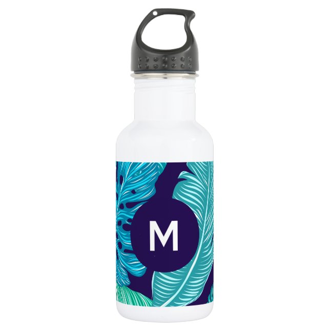 Botella De Agua Tropical Green Blue Leaves Pattern Monogram (Anverso)