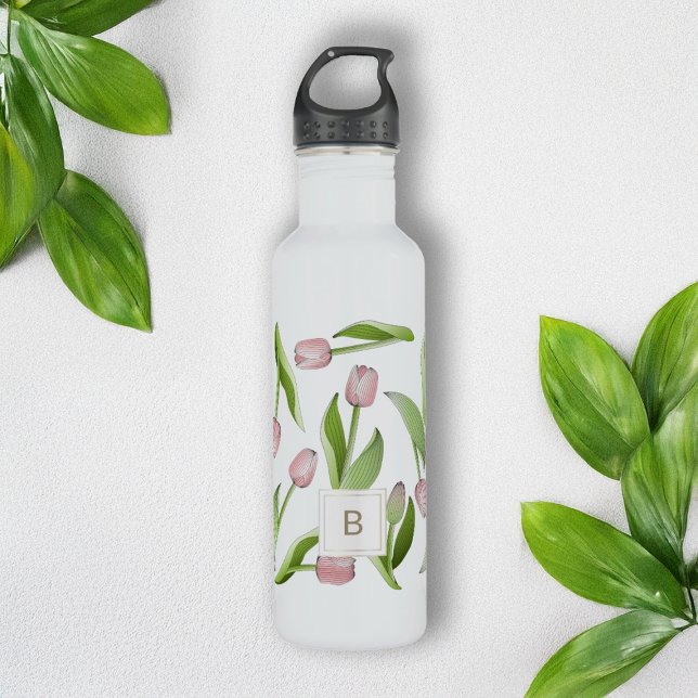 Botella De Agua Tulipán Rosa Moderno Monograma (Subido por el creador)