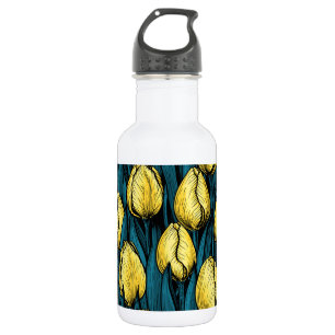 Botella De Agua Tulipanes amarillos con hojas azules