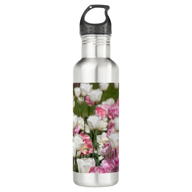 Botella De Agua Tulipanes blancos y rosados brillantes en un solea (Anverso)