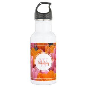 Botella De Agua Tulipanes de primavera rosada y naranja Monograma 