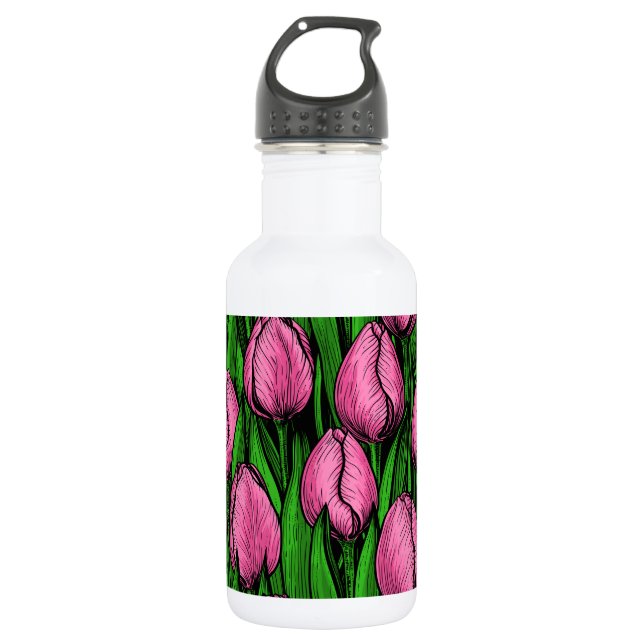 Botella De Agua Tulipanes rosados con hojas verdes (Anverso)