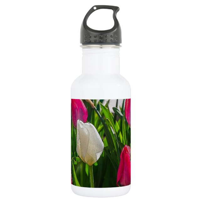 Botella De Agua Tulipanes Rosados Y Blancos De Acero Inoxidable (Anverso)