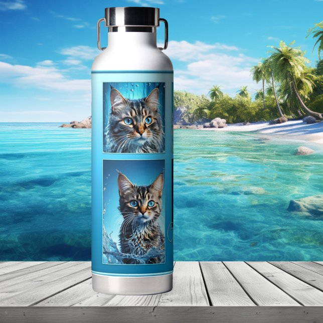 Botella De Agua Tus 4 fotos azul turquesa (Water bottle featuring your 4 photos on a turquoise blue gradient design)