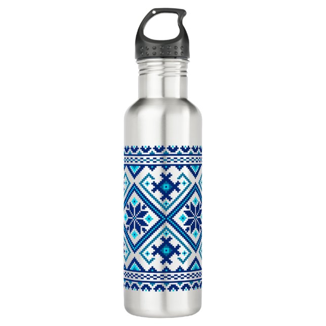 Botella De Agua Ukrainian traditional vushuvanka folk art pattern  (Anverso)