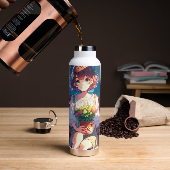 Botella De Agua Un Chica de anime lindo sostiene una planta (Café)