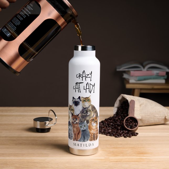 Botella De Agua Un gato gracioso 'Crazy CAT Lady' (Café)