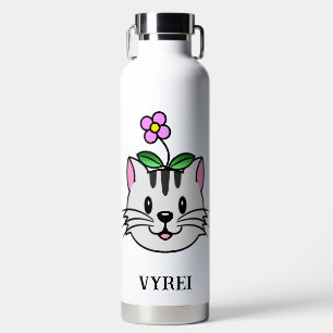Botella De Agua Un gato Personalizado con flor en la cabeza