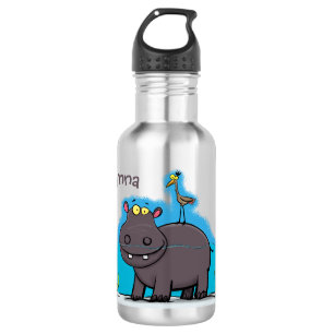 Botella De Agua Un gracioso hipopótamo con personalizado de pájaro