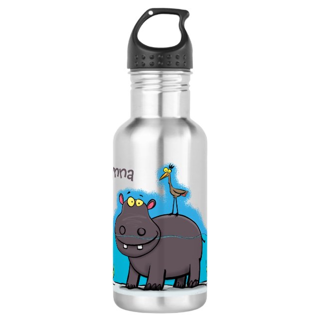 Botella De Agua Un gracioso hipopótamo con personalizado de pájaro (Anverso)