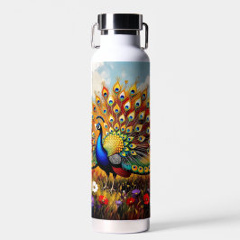 Botella De Agua Un pavo real dorado y azul entre flores