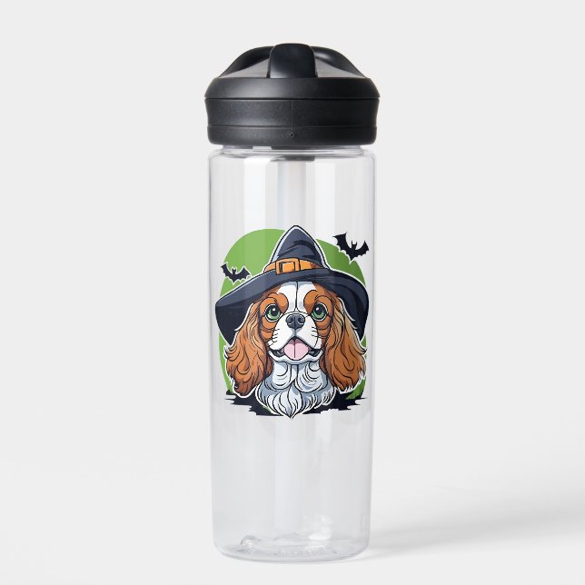 Botella De Agua Un perro que lleva un sombrero de bruja con murcié (Delante)