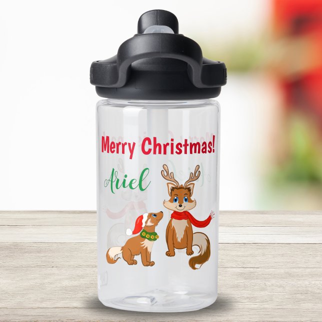 Botella De Agua Una Navidad alegre con Mamá Fox y Bebé Fox (Get into the holiday spirit with our Woodland Christmas Water Bottle! )