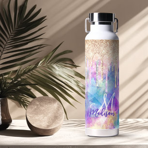Botella De Agua Unicornio azul acuático chic que gotea monograma d