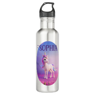 Botella De Agua Unicornio blanco lindo con forma rosa y azul