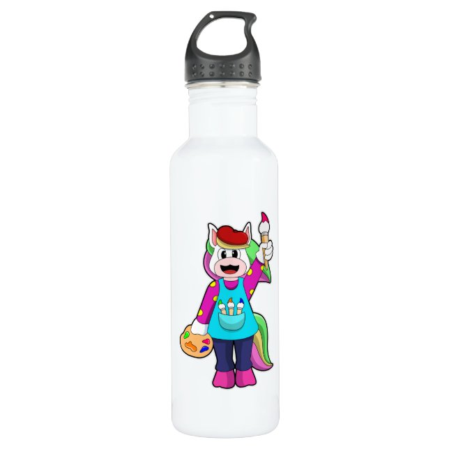 Botella De Agua Unicornio como pintor (Anverso)