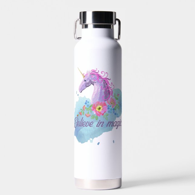 Botella De Agua Unicornio de acuarela rosa (Delantero)