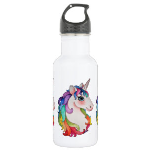 Botella De Agua Unicornio de la acuarela con el pelo del arco iris