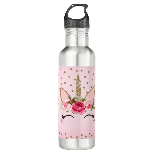 Botella De Agua Unicornio Floral Rosa y Purpurina Dorada de Moda (Anverso)