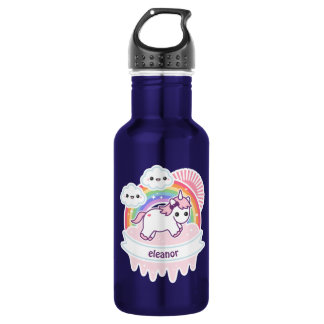 Botella De Agua Unicornio lindo del arco iris con las nubes