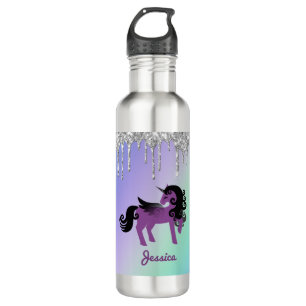 Botella De Agua Unicornio morado con Purpurina en Verde azulado y 