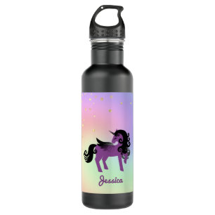 Botella De Agua Unicornio morado sobre el arcoiris pastel y las es