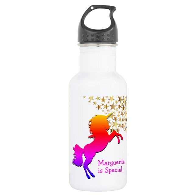 Botella De Agua UNICORNIO Rosa Personalizado Estrellas (Anverso)
