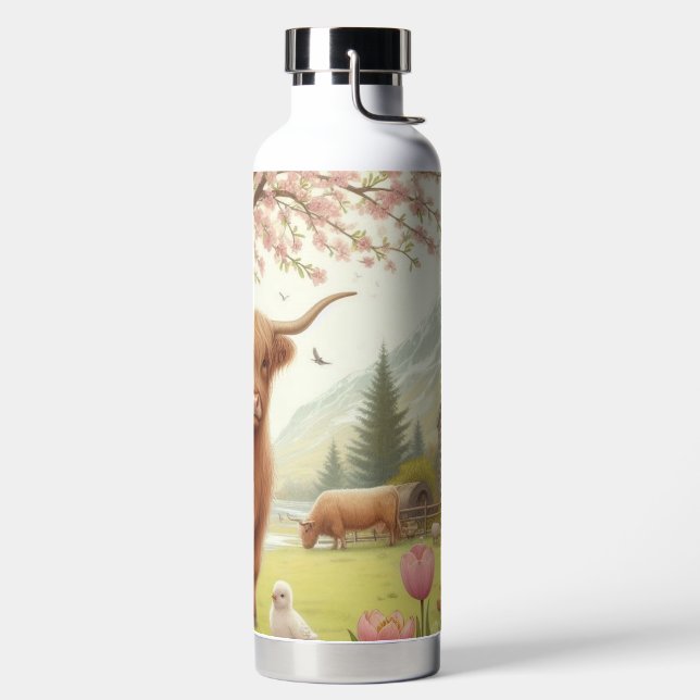 Botella De Agua Vaca de tierras altas, con flores y primavera (Izquierda)