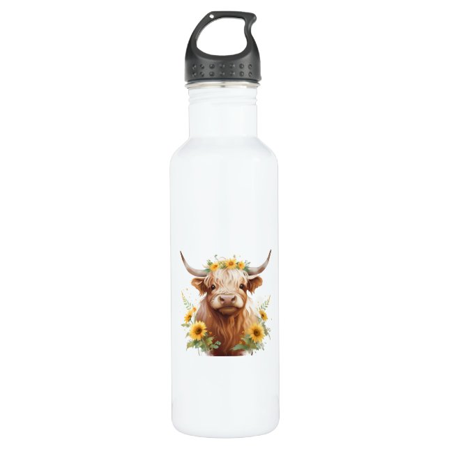 Botella De Agua Vaca Highland con la flor amarilla (Anverso)