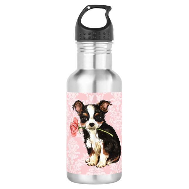 Botella De Agua Valentine Rosa Long Coat Chihuahua (Anverso)
