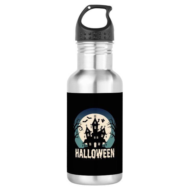 Botella De Agua Vector de Casa Embrujada de Halloween a la Luz de  (Anverso)