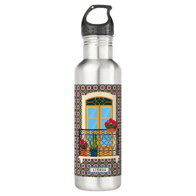 Botella De Agua Ventana de la casa de Lisboa con plantas y azulejo (Anverso)