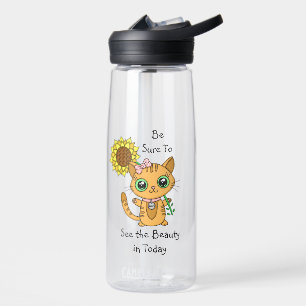 Botella De Agua Ver La Belleza Gato Naranja y girasol