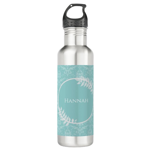 Botella De Agua Verde azulado elegante Damask personalizado (Anverso)