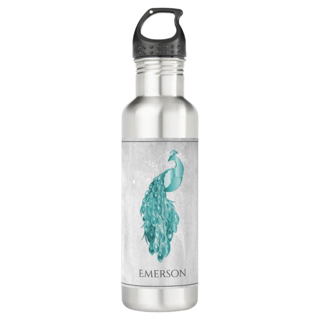 Botella De Agua Verde azulado elegante Peacock personalizado (Anverso)