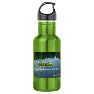 Botella De Agua (Verde) con flores blancas y lago