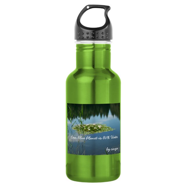 Botella De Agua (Verde) con flores blancas y lago (Anverso)