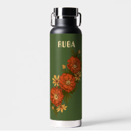 Botella de agua verde con flores rojas