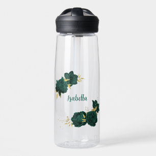 Botella De Agua verde esmeralda floral dorado