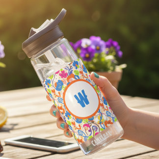 Botella De Agua Vibrante Monograma Floral Folk Arcoíris