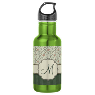 Botella De Agua Vides florales, rayas y monograma de la acuarela